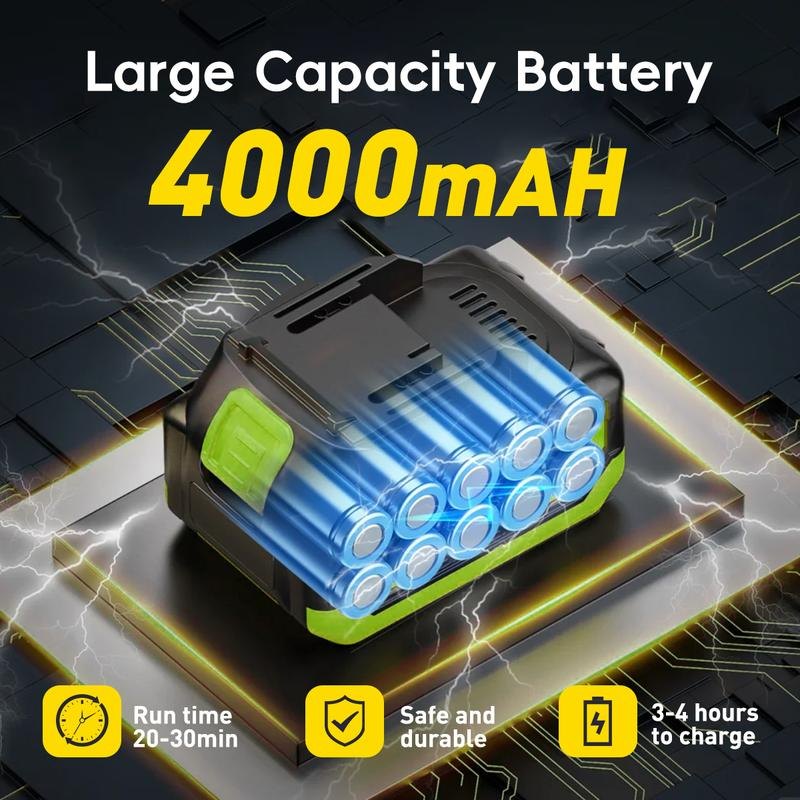 21V, 4000 mAh, and a base that keeps it full